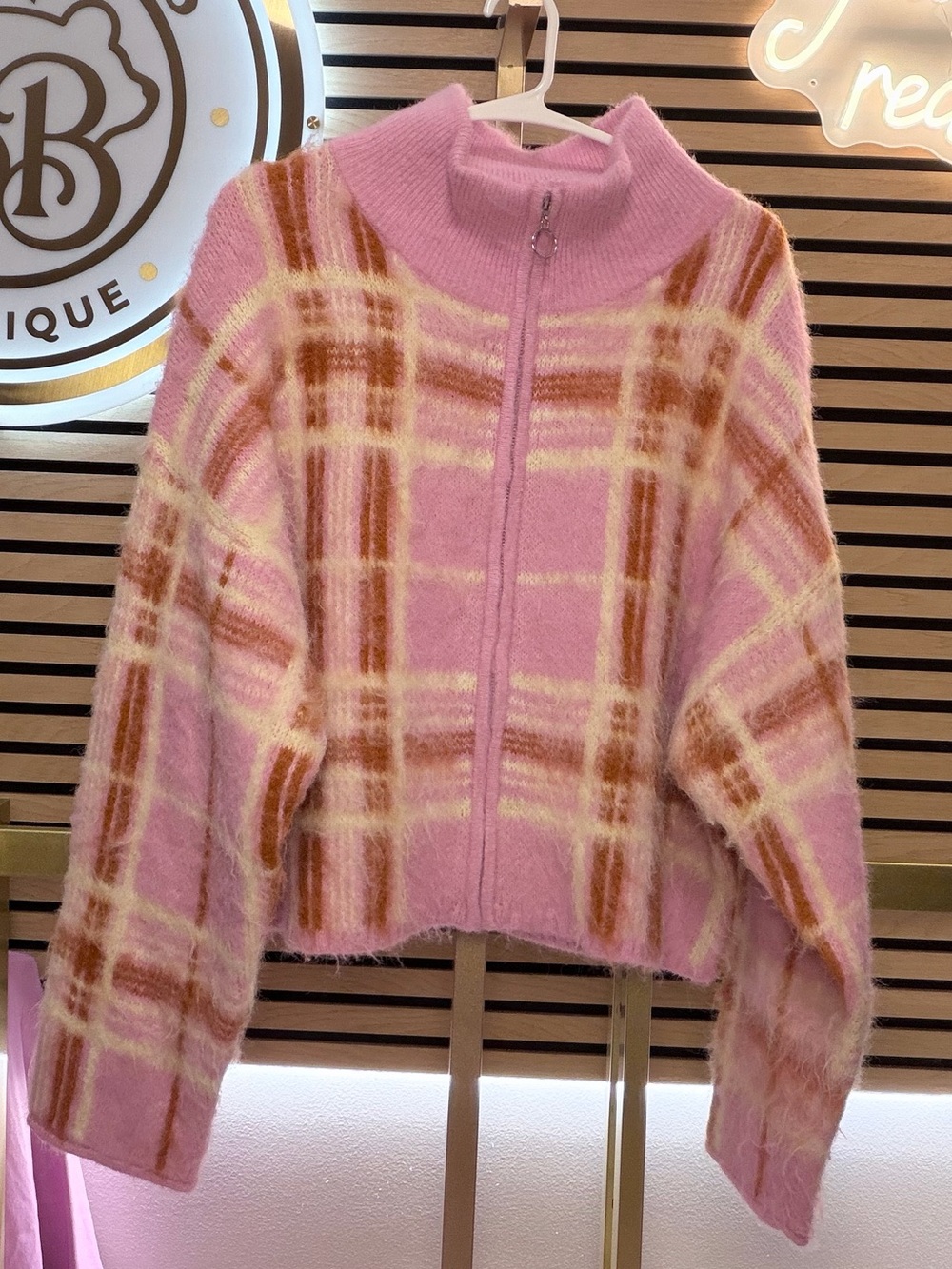 wild fable Pink, Tan & Cream Plaid Fuzzy Zip Sweater